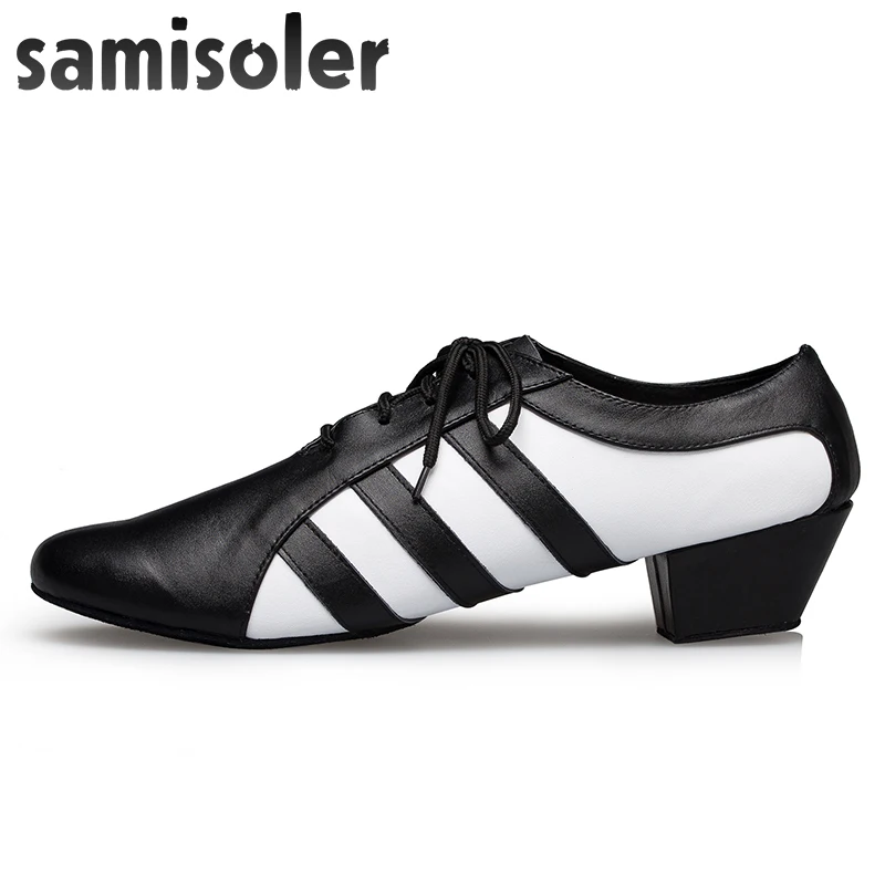 Samisoler Black White Men's Black leather ballroom dance shoes Flats Modern dance shoes Tango Party Wedding Square dance shoes