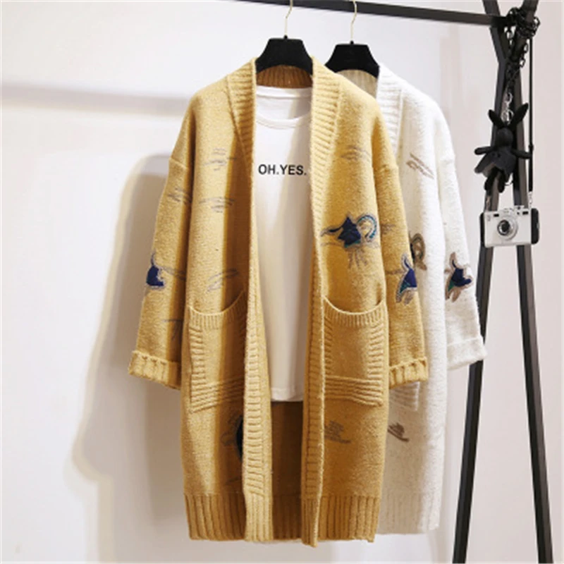 2018 Autumn Winter Big Size Women Cardigan Casual Embroidery Long Outerwear Spring Large Female Wool Knit cardigan Coat |