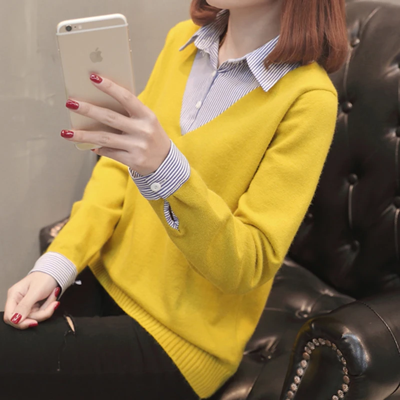 Autumn Winter Fashion Women Shirt Neck Sweater Ladies Jumper Knitting Long Sleeve Pullover Stitching Casual Short Female | Женская