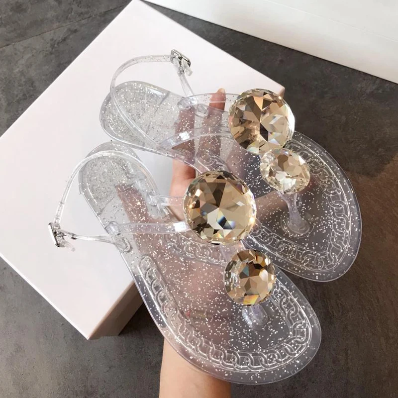 Clear Sandals Модные прозрачные женские шлепанцы из пвх; большой цветной камень; прозрачные сандалии на плоской подошве; женские пляжные сандалии; вьетнамки - Цвет: Clear Sandals