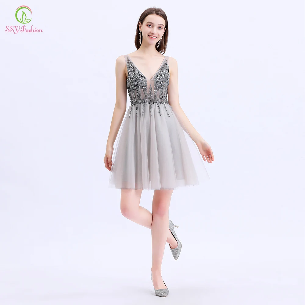 SSYFashion Новые короткие коктейльные платья женские роскошные с блестками и v-образным вырезом сексуальные мини Вечерние платья Vestido De Noche на заказ