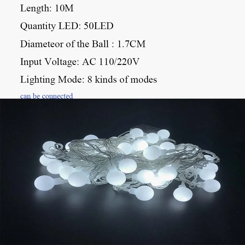 10 м светодиодные гирлянды с 50led шаром AC220V праздничное украшение лампы Фестиваль рождественские Огни наружное освещение - Испускаемый цвет: 10M 50 BWhite