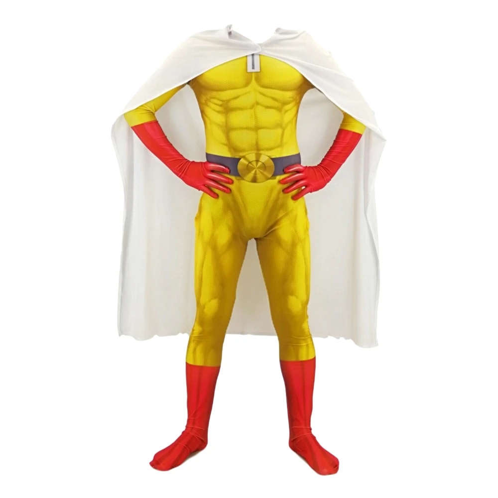 Anime ONE PUNCH MAN Costume Saitama Cosplay Male Men Boys Halloween Jumpsuit Outfits with Cloak Cape Full Set Kids Adult