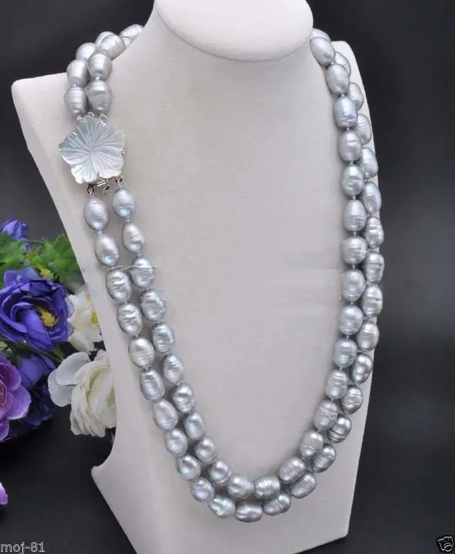 

2 Rows 10-11mm Natural Gray Rice Freshwater Cultured Pearl Necklace 18-19'' AAA