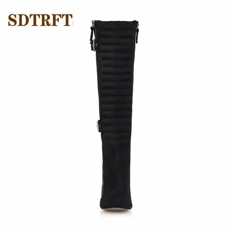 SDTRFT/туфли на шпильке 12 см; обувь из флока на тонком каблуке; мотоциклетные сапоги до колена; женские ботинки; туфли-лодочки с двойной молнией и пряжкой; большие размеры 35-42, 43
