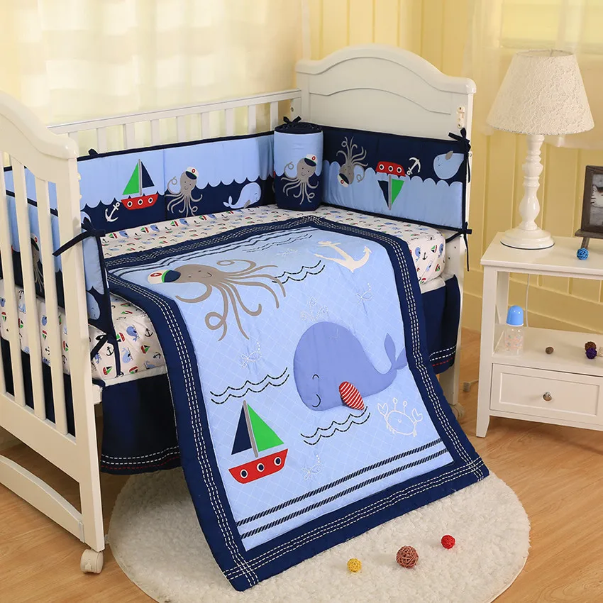 Promotion! 7pcs Ocean World embroidered Crib Bedding Baby Bedding Set Baby Nursery (4bumper+bed cover+bed skirt+duvet)