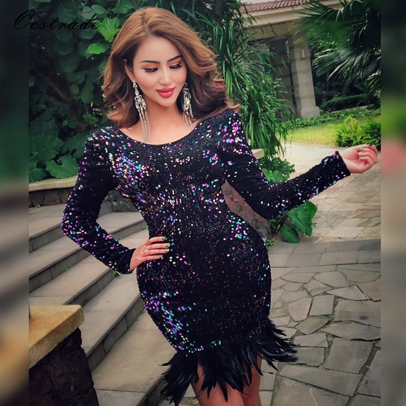 Ocstrade зеленый круглый вырез длинный рукав мини шлейф подол вечерние Bodycon платье