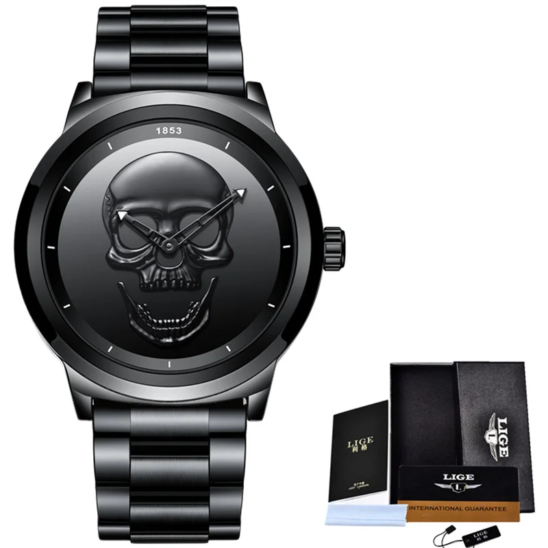 Steel Black Black LIGE 3D череп часы для мужчин модные кварцевые часы Полный сталь для мужчин s часы лучший бренд класса люкс водонепроницаемые спортивные часы Relogio Masculino - Цвет: Steel Black Black