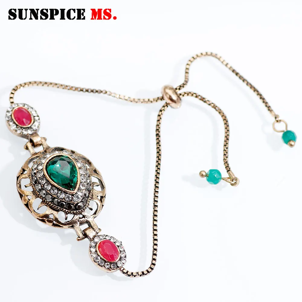 SUNSPICE MS vintage hollow flower sliding bracelet Dubai women wedding jewelry antique gold color adjustable wrist chain