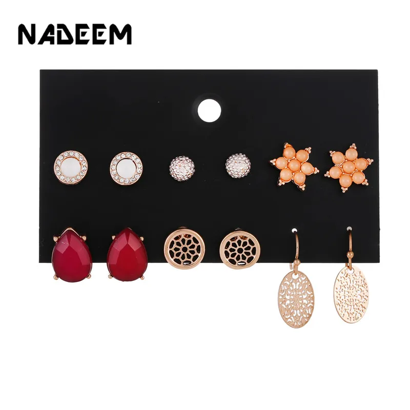 Богемные ослепительные серьги гвоздики 6 пар/лот набор золотистого цвета