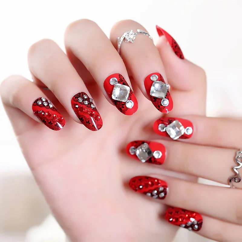 Women DIY Long Size Wedding False Nail Red Color Sexy Art Tips with Glue Shining Rhinestone Indian Fashion Fake Nails | Красота и