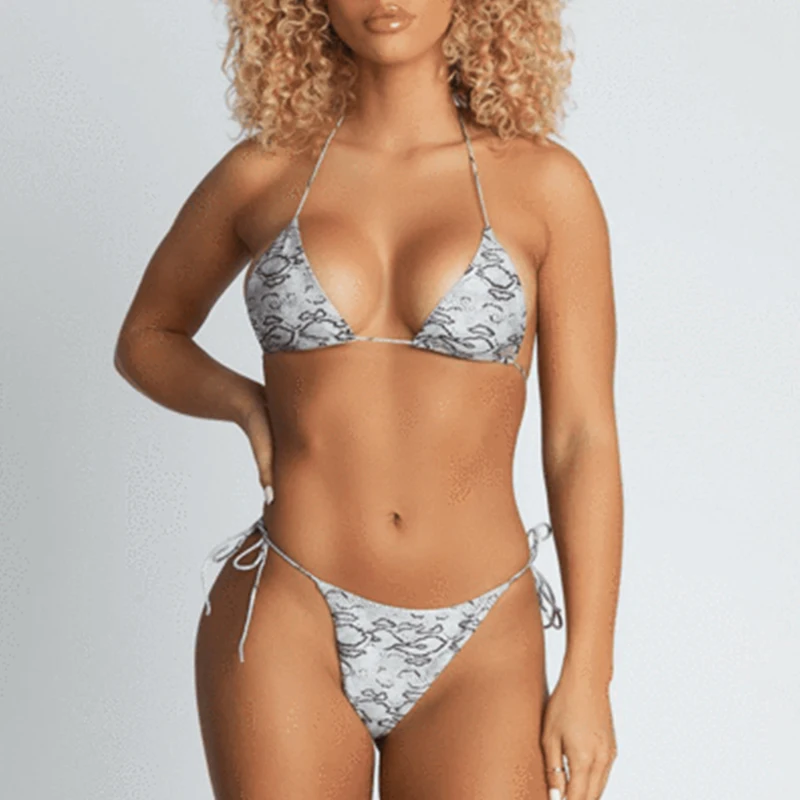 Бикини на бретельках со змеиным принтом новинка 2019 треугольный сексуальный