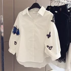 Женская блузка с длинным рукавом, белая Свободная рубашка с вышивкой бабочки, топы на пуговицах, размера плюс