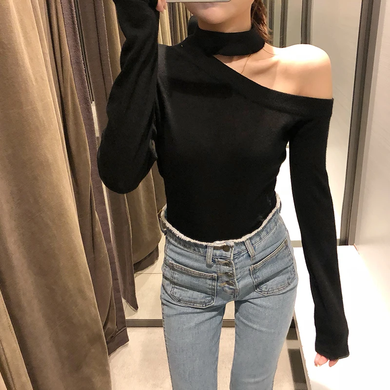 2020 Women Sweaters And Pullovers Poncho Full Autumn New Women's Sweater Sleeve Slim Halter Thin Knit Clavicle Top One Shoulder | Женская