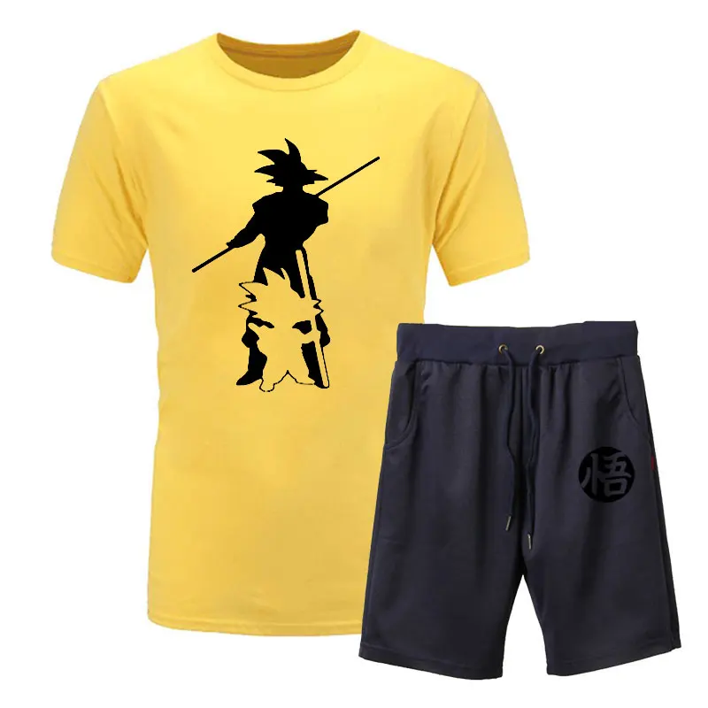 yellow and navy 2 Новинка года; летняя футболка с принтом «Жемчуг дракона Z Goku» из 2 предметов+ шорты; футболка с короткими рукавами и круглым вырезом Повседневная брендовая одежда Vegeta Harajuku - Цвет: yellow and navy 2