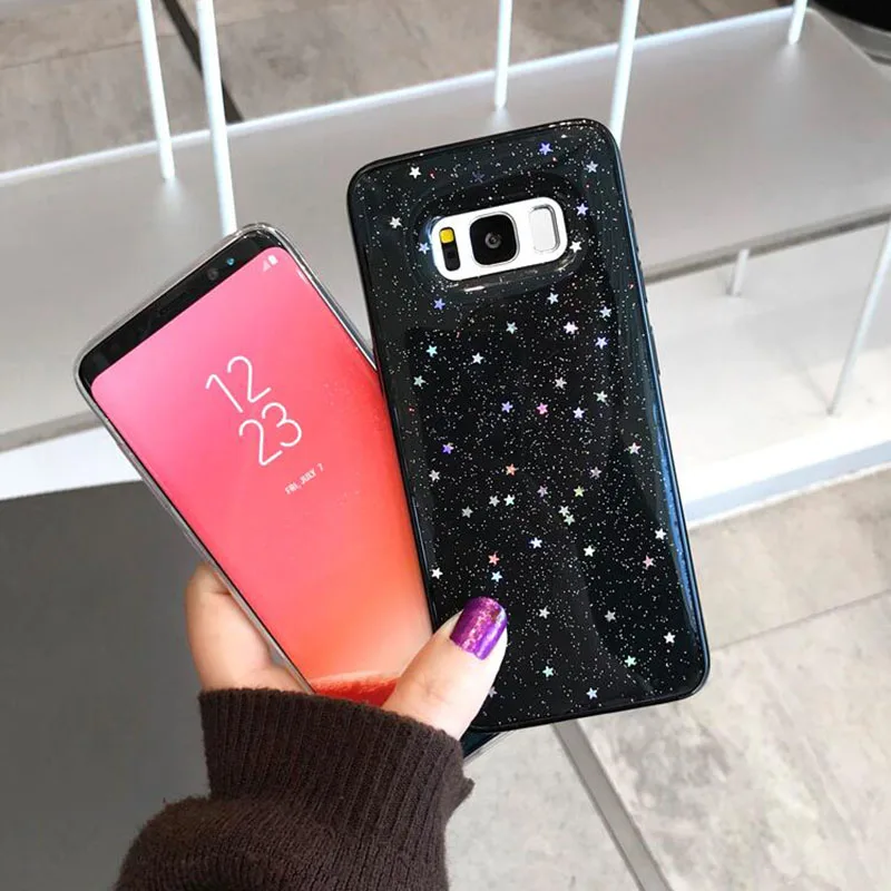 Прозрачный блестящий чехол со звездами для Samsung S7 edge S8 S9 Plus Note 8 мягкий из ТПУ iphone XS