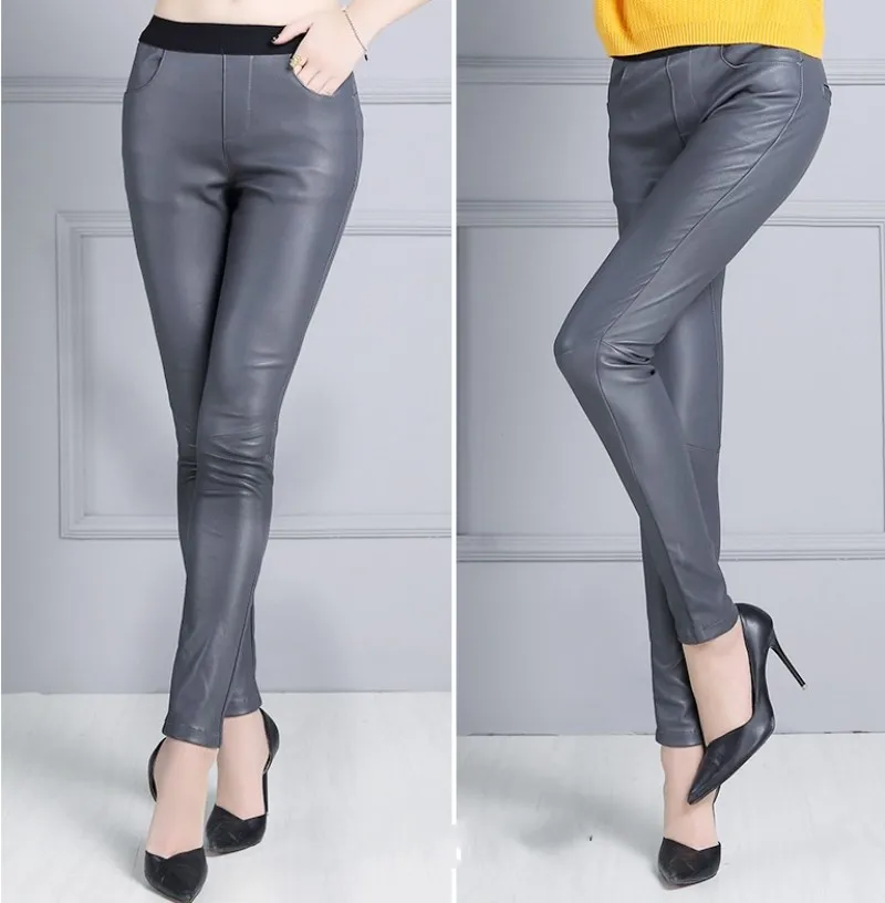 Для женщин пикантные Strechy Slim Fit Роскошные Sheepksin Натуральная кожаные зауженные брюки эластичный пояс из натуральной кожи мотобрюки OL узкие брюки