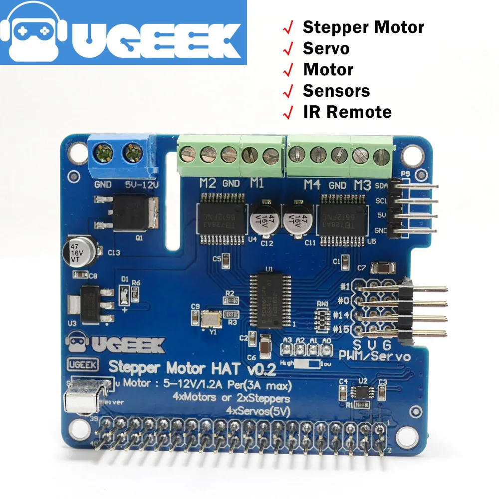 

DIY Robot|UGEEK Stepper Motor HAT for Raspberry Pi 3B,3B+,3A+,2B,4B,Zero,Zero w|Stepper Motor/Servo/Motor/Sensors/IR Romote