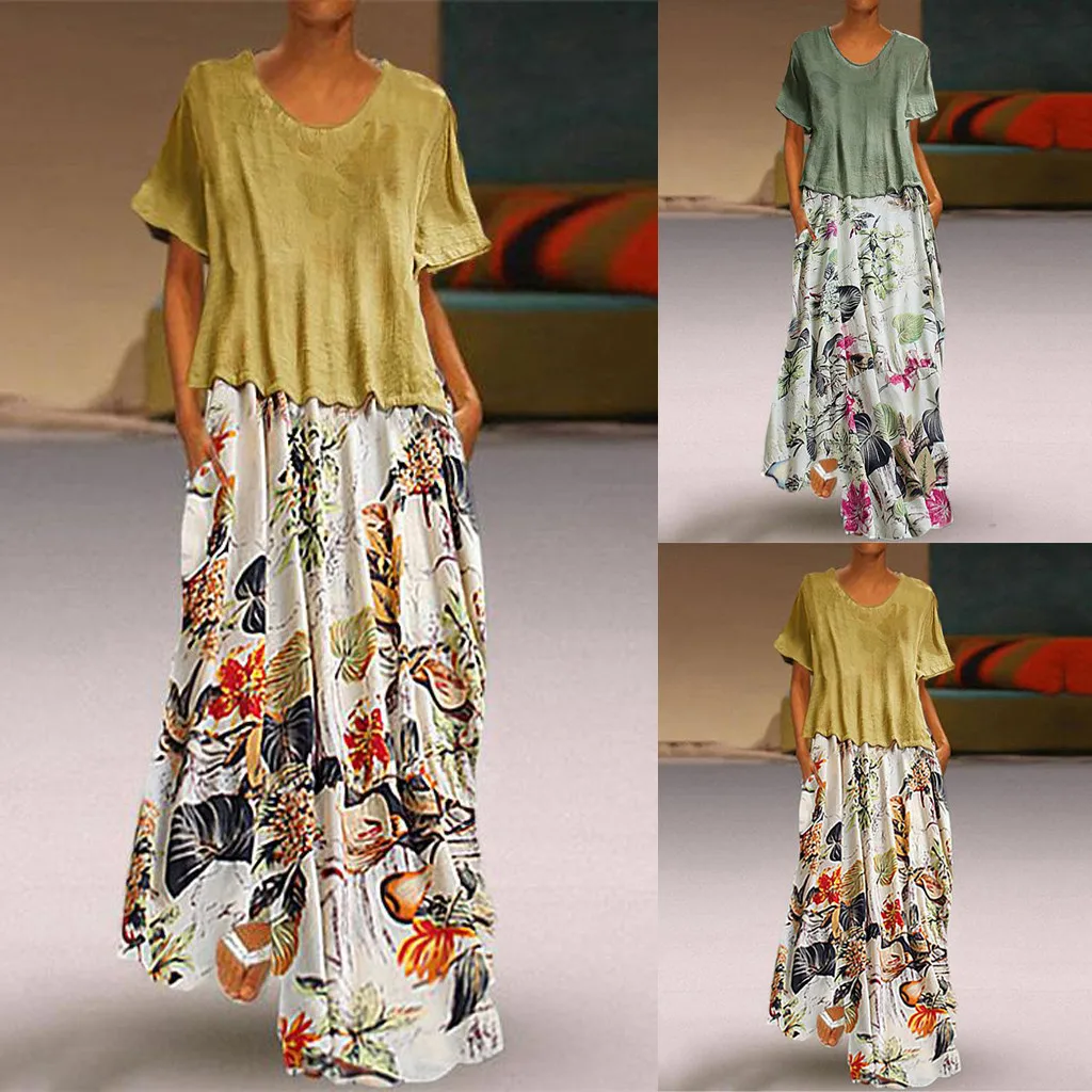 2019 Весна Лето Новое Женское винтажное платье с круглым вырезом и принтом пэчворк