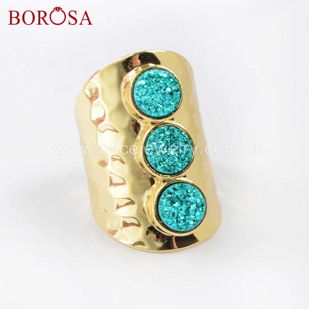 BOROSA 4pcs Round Titanium Dark Rainbow Druzy Band Ring Equality Three Gems Gold-color Rings Gifts ZG0366 | Украшения и