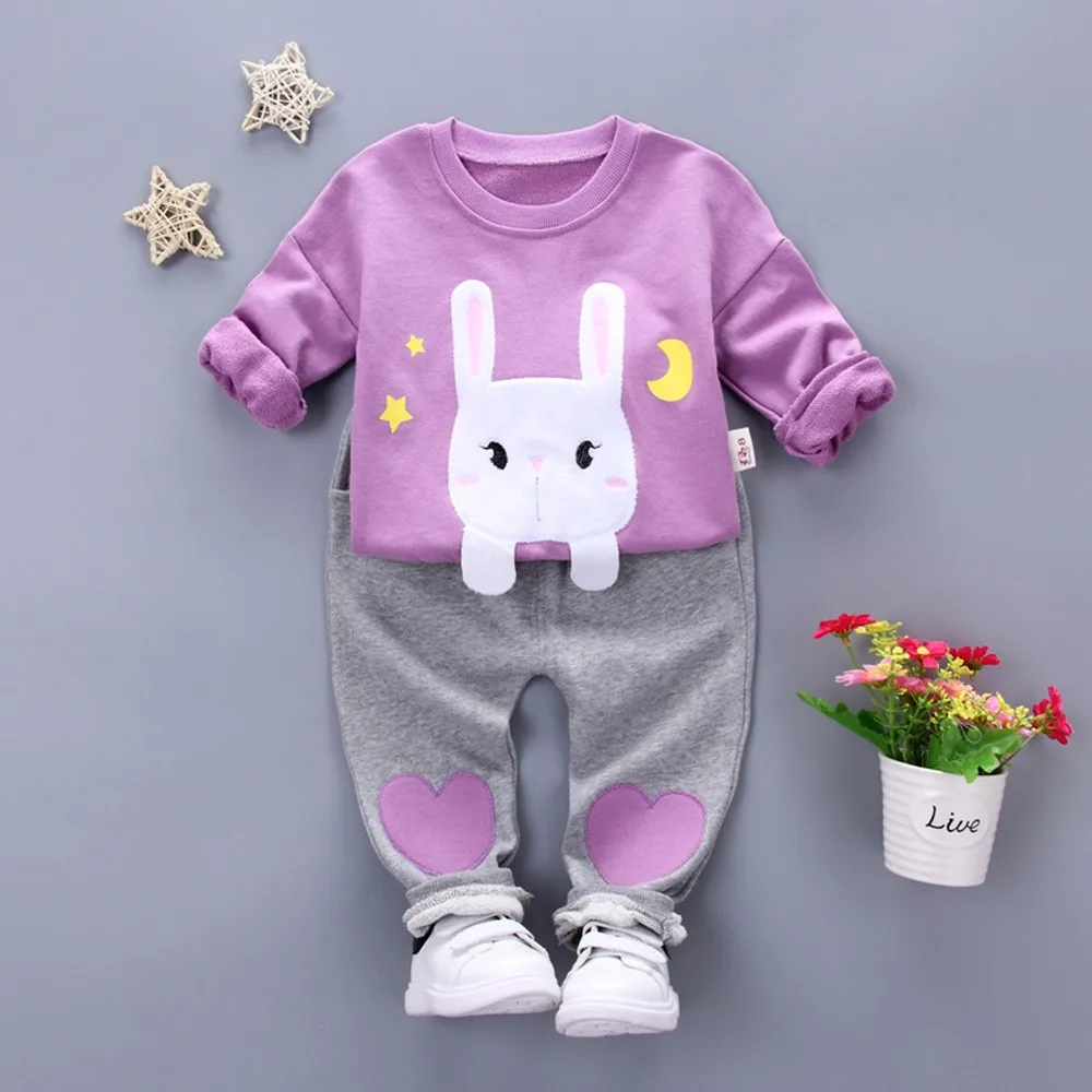 Fashion Baby Girl Clothes Set 2PCs Long Sleeve Rabbit Print Pullover Tops Loving Heart Pants roupas infantis menina | Детская одежда и