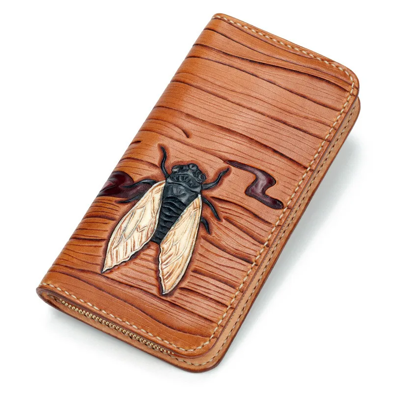 

Hand Engraving Genuine Leather Wallets Carving Cicada Bag Purses Women Hand Sewing Long Clutch Vegetable Tanned Leather Wallet
