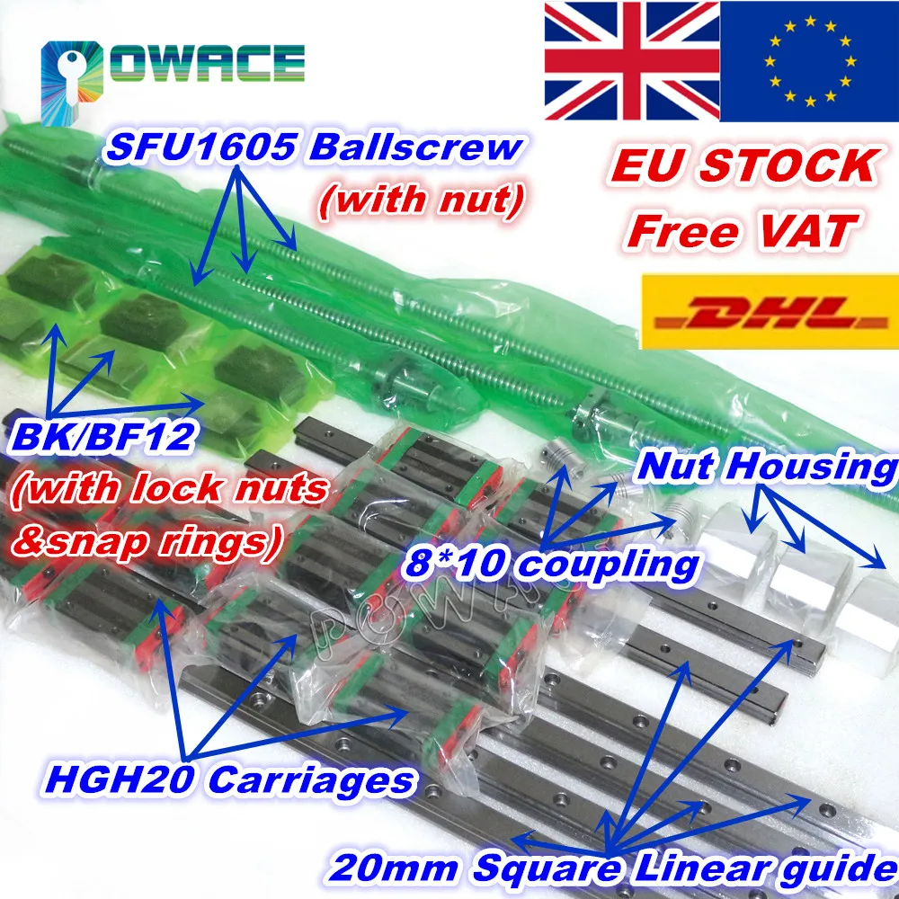 

[EU/RU] 6Pcs Square Linear guide sets L-400/700/1000mm & 3pc Ballscrew 1605-400/700/1000mm with Nut & 3set BK/B12 & Coupling