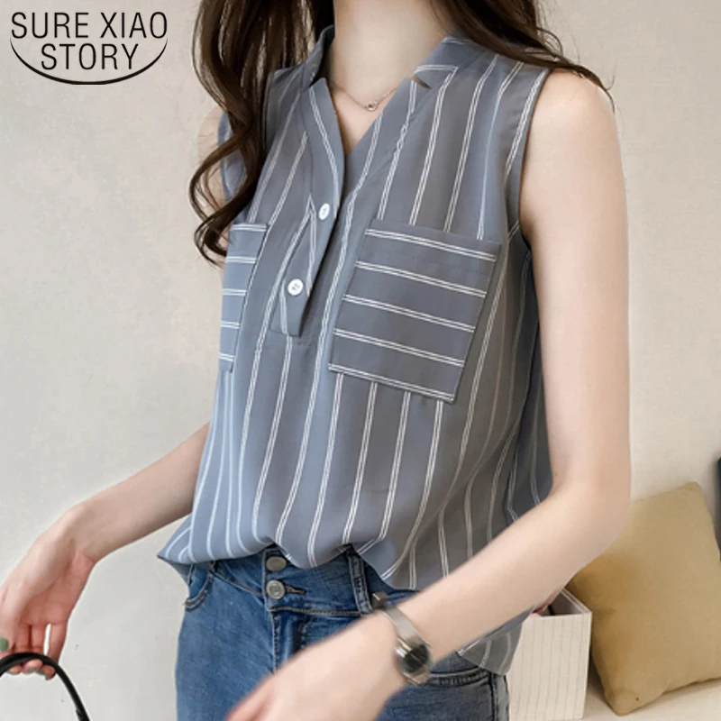 

Striped Shirt Top 2021 Women Fashion Sleeveless Chiffon Blouse Female Summer Big Code Loose Size Outside Wearing Pattern 3705 50