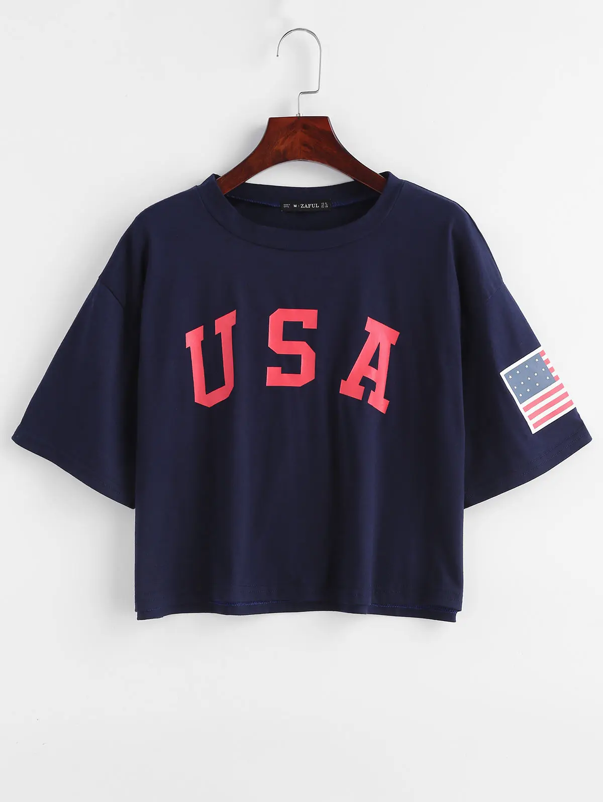 ZAFUL Футболка с американским принтом для женщин Уличный стиль Короткие топы с рукавами три четверти Повседневная летняя футболка с круглым вырезом
