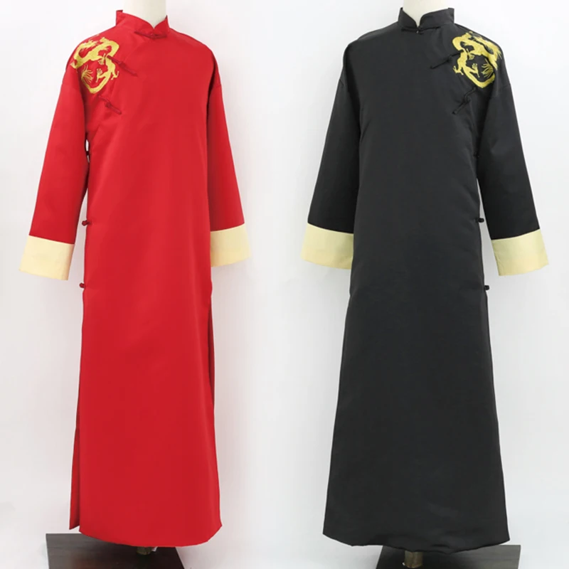 

Chinese style marriage embroidered clothes vintage gown robe Male Long Gown Embroidered Dragon Men's Red Black Traditional Robe