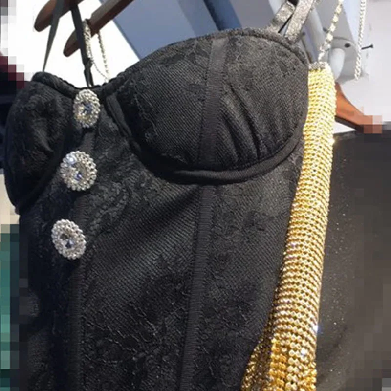 2019 Spring and Summer New Luxury Bright Diamond Button Decoration Sexy Lace Bottoming Waist Vest Top Women | Женская одежда