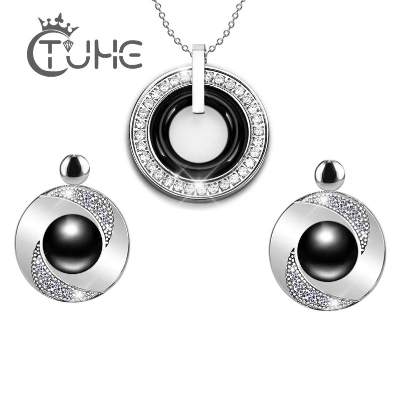 

Luxury Crystal Jewelry Sets Big Circle Crystal Circle Ceramic Pendant Necklace Big Over Size Ceramic Stud Earrings Wedding Gift