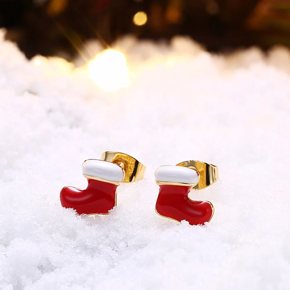 CHUKUI Christmas Red Socks Boots Earrings Gold Color Enamel Stud For Girl Kids Fashion New Year Gifts Jewelry | Украшения и