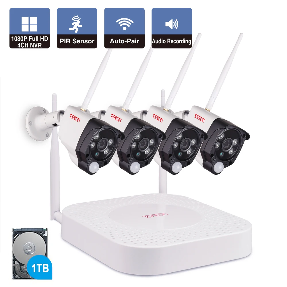 Tonton 1080P Аудио запись 1 ТБ HD камера безопасности Беспроводная CCTV NVR комплект 2MP