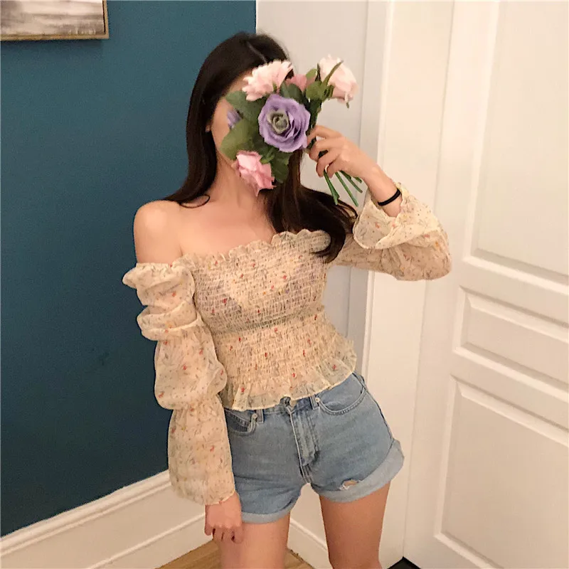 2018 Новый Neploe оборками Блузка корейской моды Slash шеи Для женщин Blusas с длинным