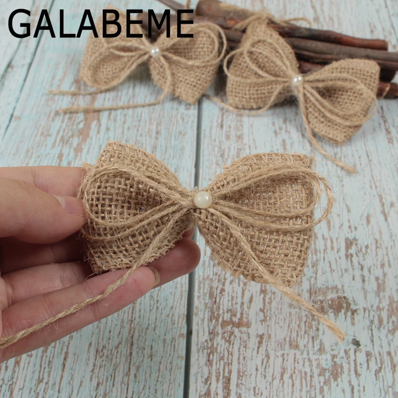 Galabeme 50PCS DIY PearlJute Burlap Hessian Bowknot Bows Hat Accessories Craft Rustic Wedding decoration supplier Decor | Дом и сад