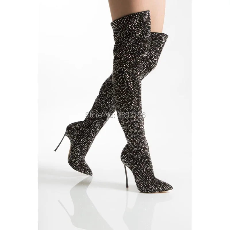 Роскошный черный кристалл над ботинки до колен с острым носком на металлическом
