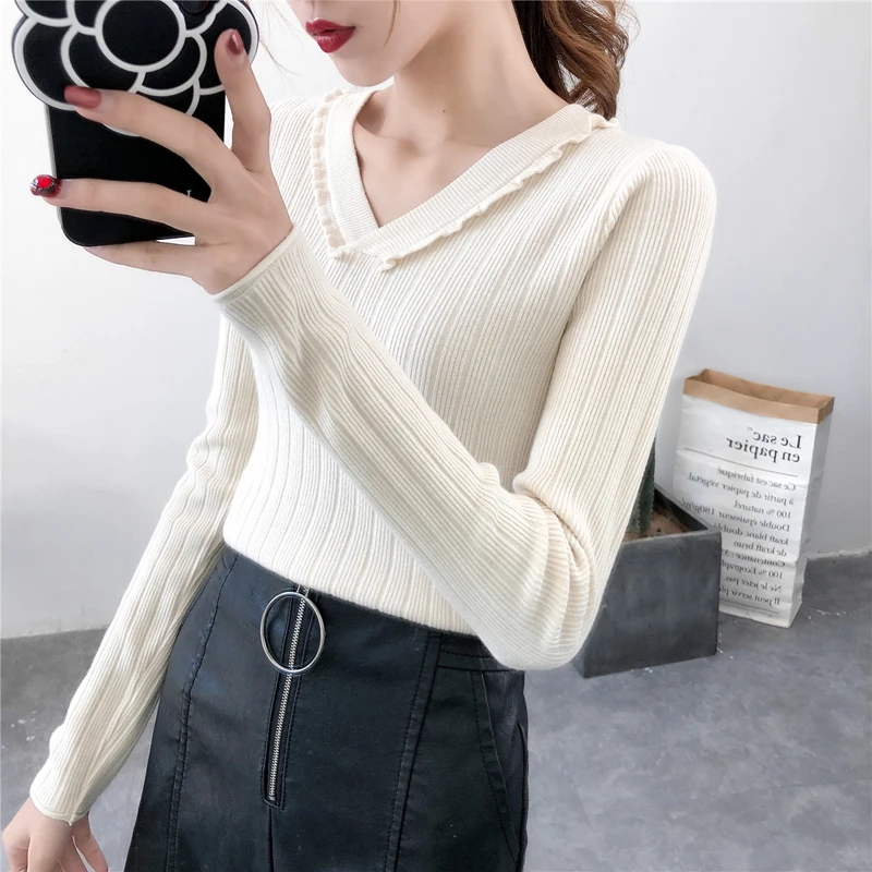 Women Sweaters Knitting Pullovers 2018 New Female V-Neck Long Sleeve Solid Casual Knitted Jumpers Sweater Bottoming Shirt | Женская