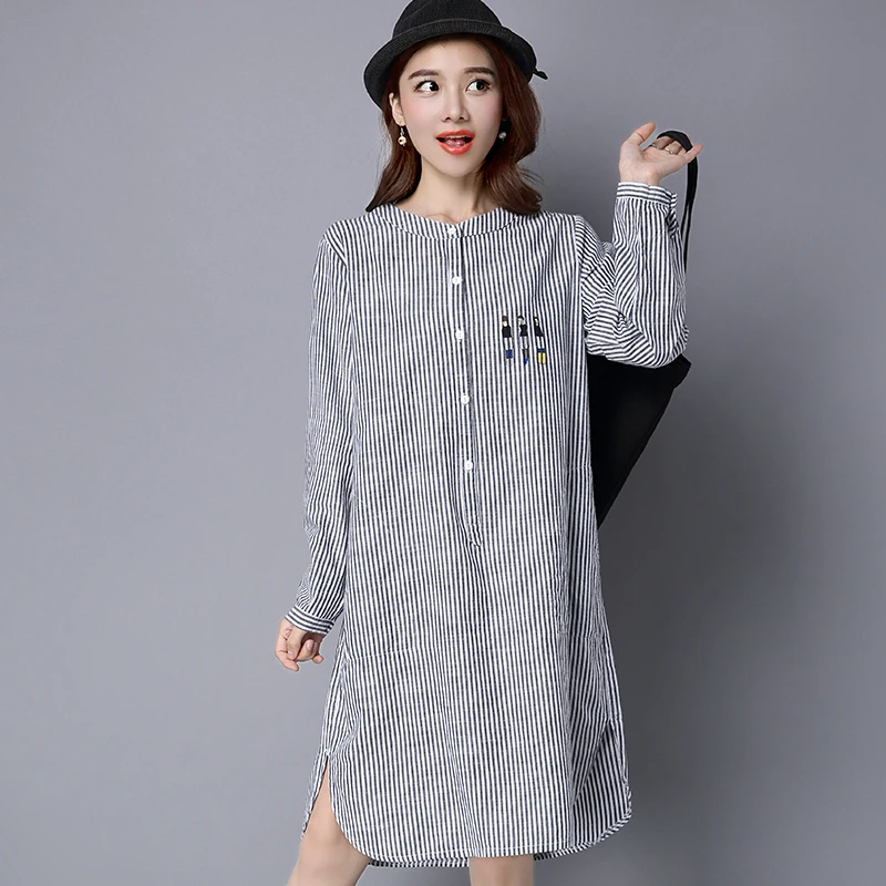 

Spring Hot Korean Blouse Loose Cotton And Linen Printed Long Tops Stripe Long Sleeve Plus Size women's Shirts