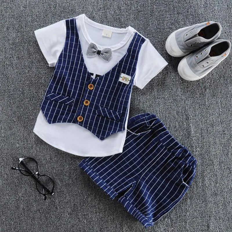 

New Boys Summer Short Sleeve Clothes Children Bowtie Necktie T-Shirt Pants Set Kids Handsome Suit Baby Tracksuits