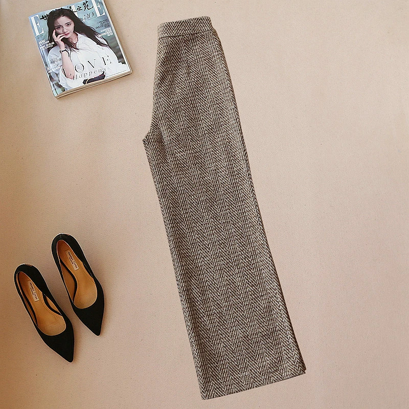 Брюки женские шерстяные в елочку офисные модные штаны с завышенной талией и