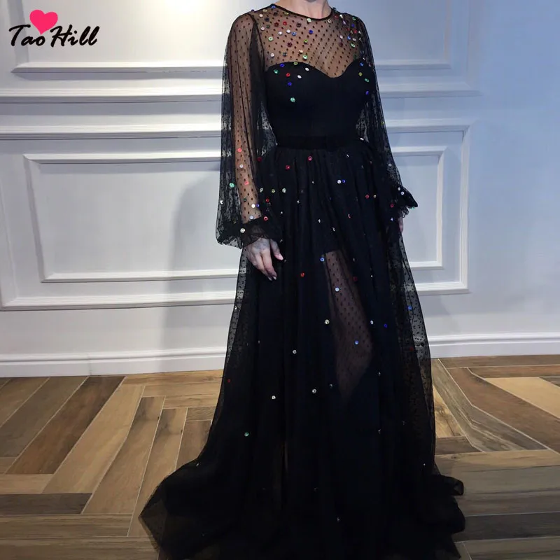 Черный TaoHill Новые Одежда с длинным рукавом Diamond Jewel средства ухода за кожей шеи платья для женщин модные, пикантные See Through черный горошек Чистая - Цвет: Черный