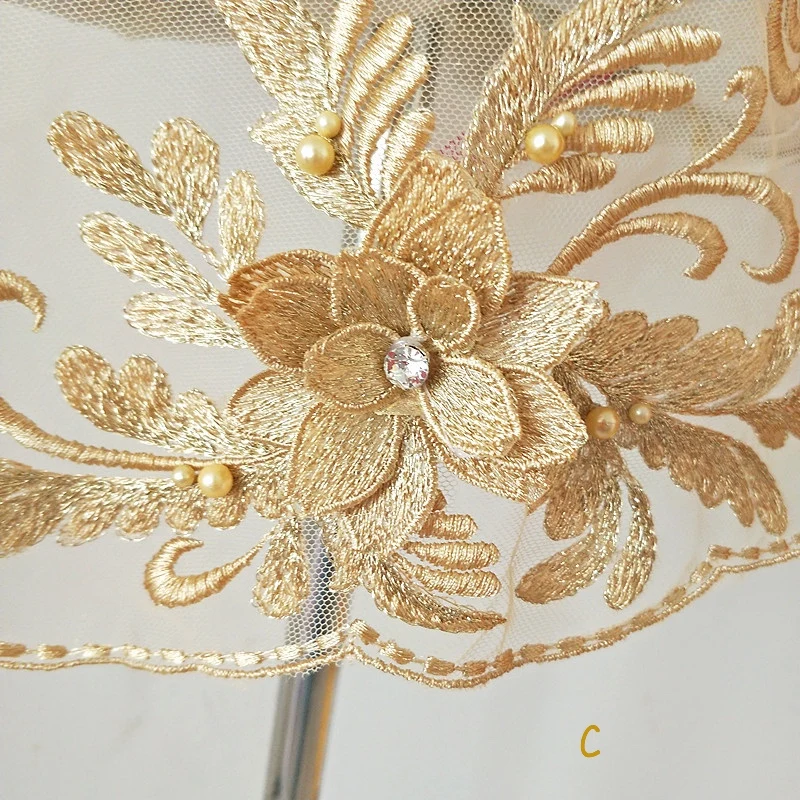 3 шт. Золото Шампанское 3d бисера florals кружево Аппликация, тяжелый вышитый орнамент лиф, разноцветный Тюль патч