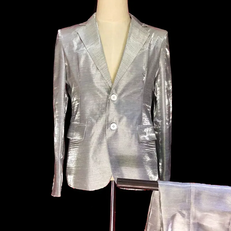 

Shining Silver Tuxedo Trousers Tide Men Suits Bar Nightclub Dance Costumes Singer Host Vocal Concert Performance Stage Outfits