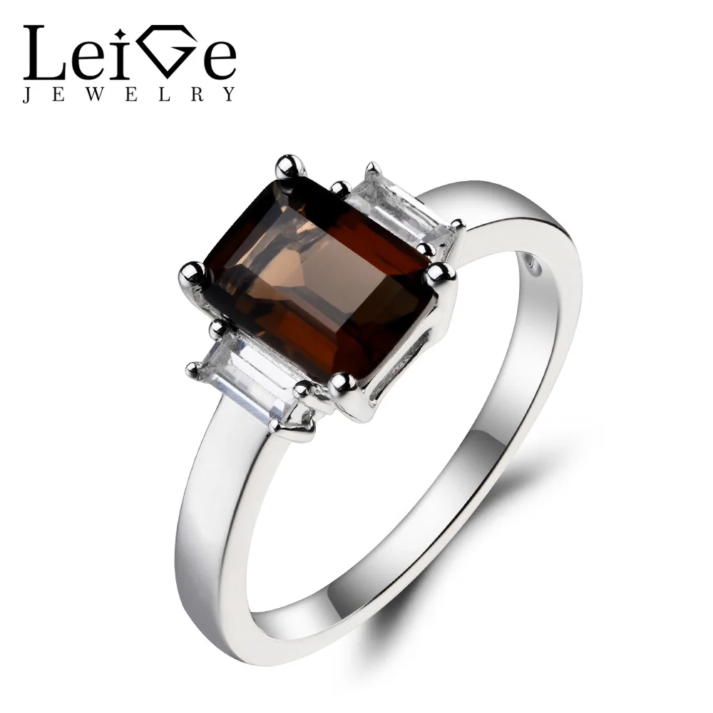 

Leige Jewelry Engagement Ring Real Natural Smoky Quartz Ring Emerald Cut Brown Gemstone Soild 925 Sterling Silver Ring for Women