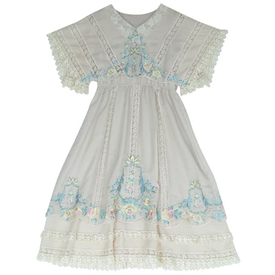 Apricot LYNETTE'S CHINOISERIE Spring Summer Original Design Women Exquisite Flower Embroidery Lace Patchwork Victorian Vintage Dresses - Цвет: Apricot