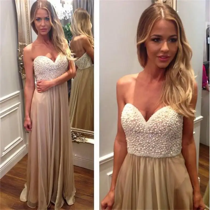 Champagne Long Prom Dresses 2015 Elegant Sexy Pearl Beaded Chiffon Open Back Evening Dress Photocall Wedding Party | Свадьбы и