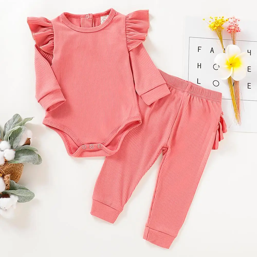 Spring and Autumn Infant Baby Boys Girls Solid Gray Red Ruffled Tops +Pants Homewear Casual Stretchy Outfits Breathable Set Z19$ | Детская