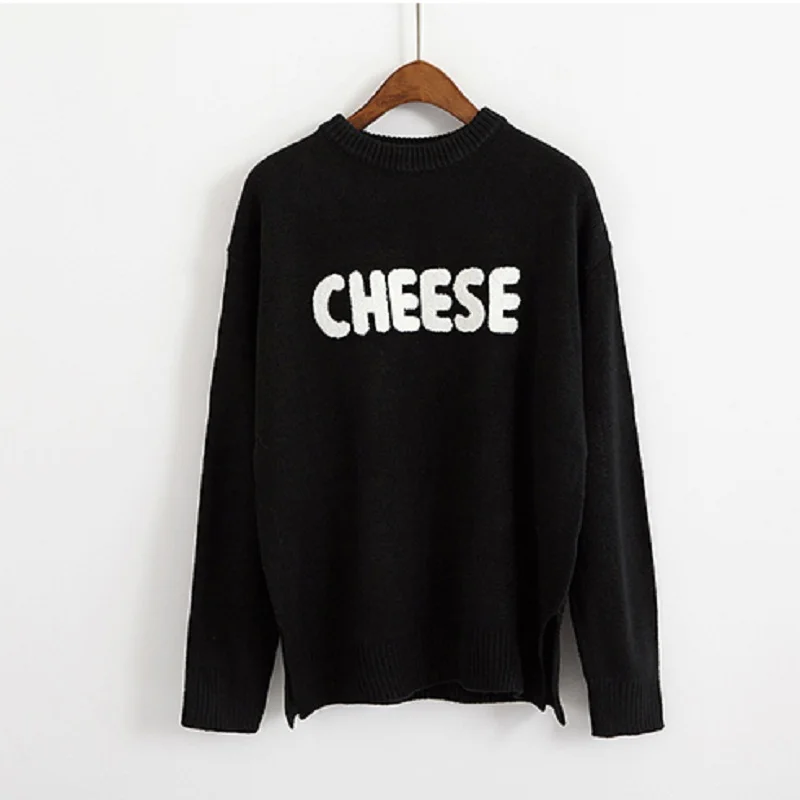Korean version of the school style cheese letters embroidery loose wild long-sleeved round neck sweater women | Женская одежда