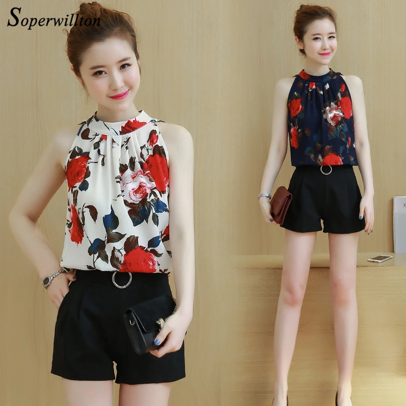 2018 New Summer Fashion Sleeveless Flower Chiffon Blouse Womens Tops Shirts Sexy Slim Large Size Print Shirt Blusas Femaine |